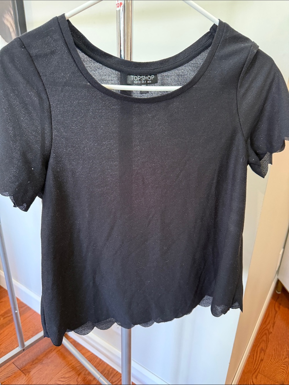 Topshop Black Short Sleeve Tee with Scallop Hem